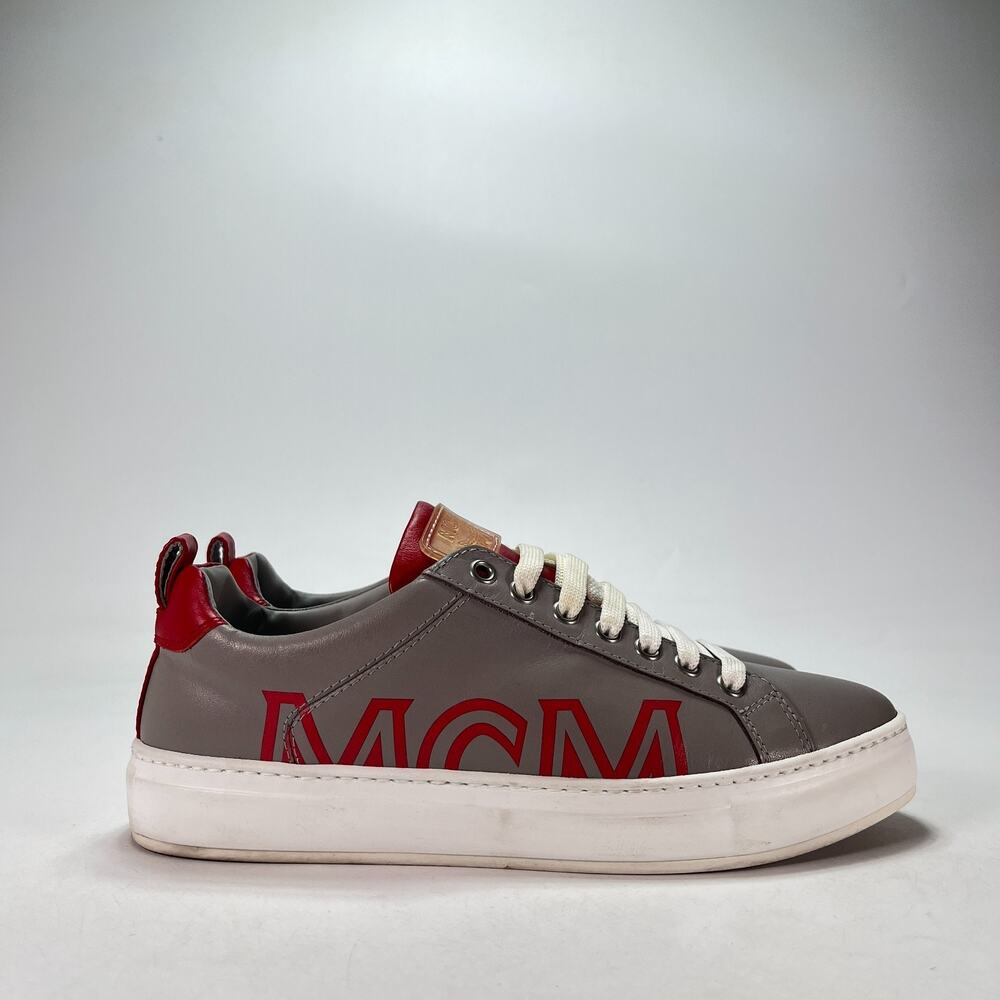 MCM Grey Red Logo Leather Low Top Luxury Sneakers Shoes Womens Size US 7.5 EU 38